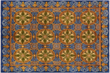 handmade Transitional Kafkaz Chobi Ziegler Blue Gold Hand Knotted RECTANGLE 100% WOOL area rug 8 x 10